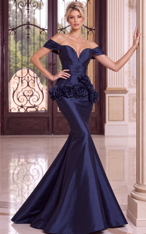 Navy satin mermaid evening gown featuring an off-the-shoulder neckline, fitted bodice, and floral hip detailing