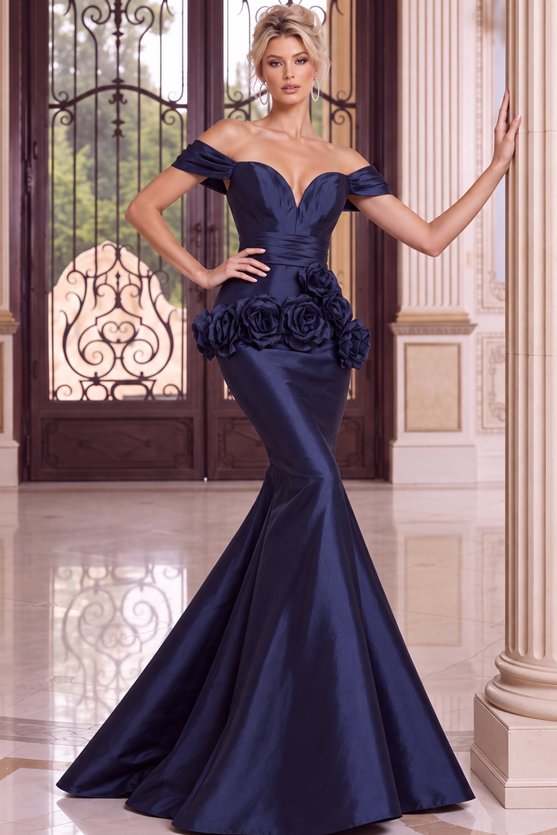 Navy satin mermaid evening gown featuring an off-the-shoulder neckline, fitted bodice, and floral hip detailing