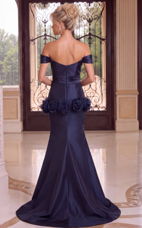 navy off-the-shoulder formal gown with deep V neckline, sculpted waist, 3D roses, and flared skirt