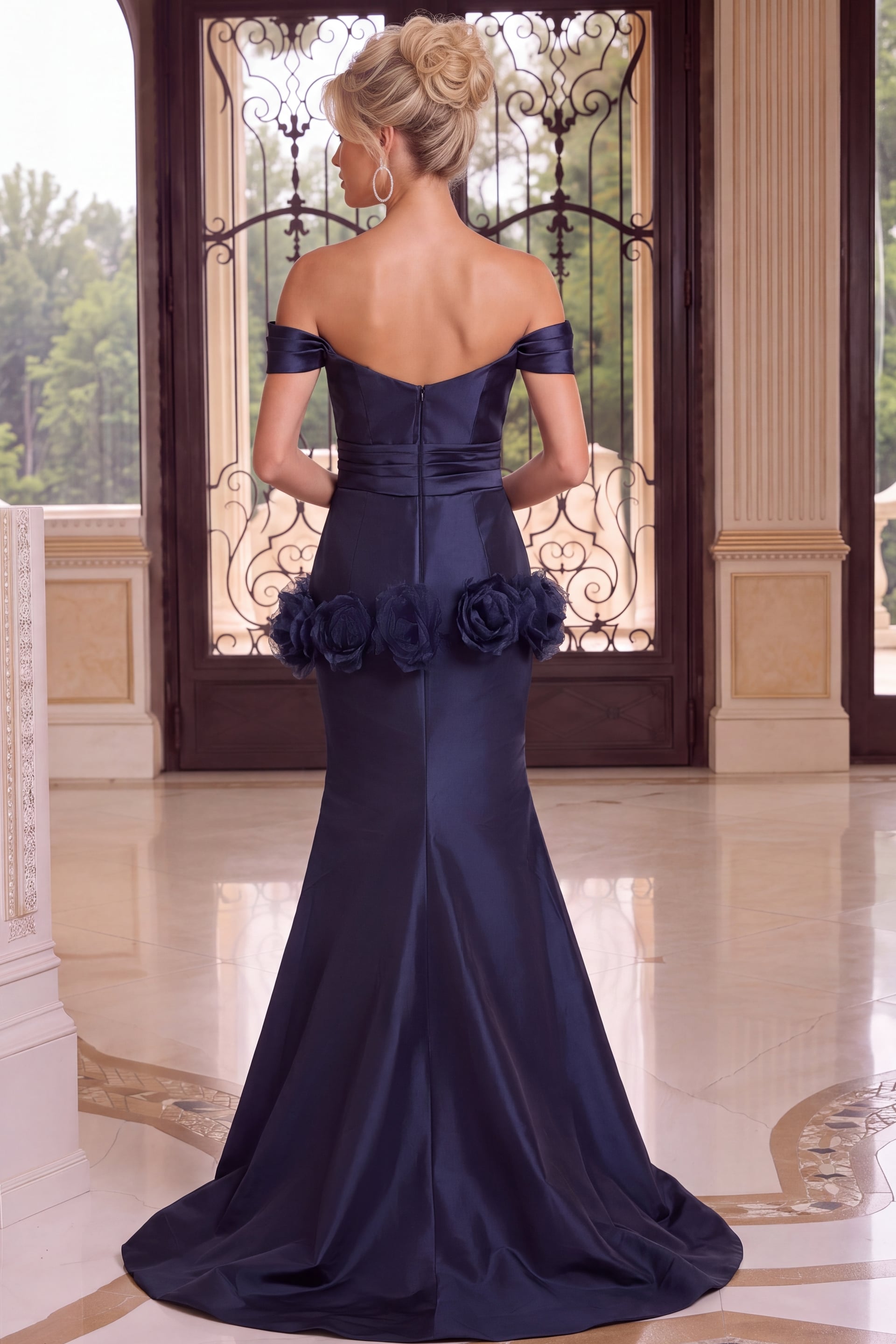 navy off-the-shoulder formal gown with deep V neckline, sculpted waist, 3D roses, and flared skirt