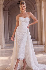 glamorous prom dress front view with high slit and sparkling fabric