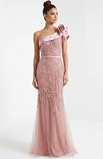 One shoulder beaded tulle gown with fitted bodice and soft flowing skirt
