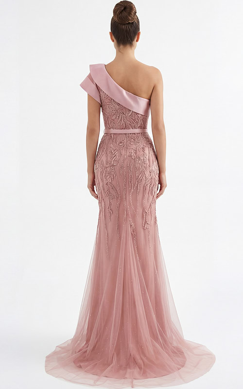 Back view of one shoulder beaded evening gown with sheer tulle train
