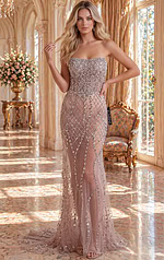 sleeveless formal gown with plunging neckline and fitted long design