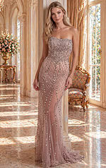 glamorous prom dress front view with crystal detailing and high slit
