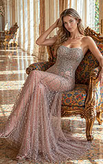 fitted beaded prom dress front view with spaghetti straps and deep v neckline