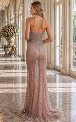 back view of fitted prom dress with open back and thin straps