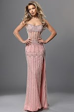 blush pink trumpet long dress with sweetheart neckline spaghetti straps beaded sheer bodice high slit