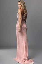 blush pink trumpet long dress with sweetheart neckline spaghetti straps beaded sheer bodice high slit