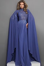 royal blue a line long dress with mock neck illusion beaded cape sleeves