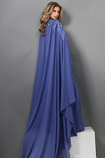 royal blue a line long dress with mock neck illusion beaded cape sleeves