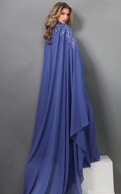 royal blue a line long dress with mock neck illusion beaded cape sleeves