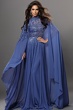 royal blue a line long dress with mock neck illusion beaded cape sleeves