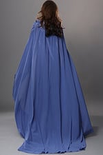 royal blue a line long dress with mock neck illusion beaded cape sleeves