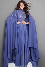 royal blue a line long dress with mock neck illusion beaded cape sleeves