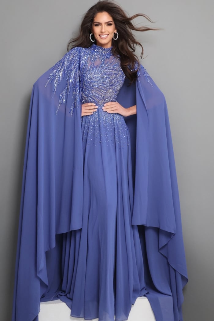 royal blue a line long dress with mock neck illusion beaded cape sleeves