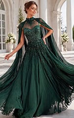 emerald green beaded high neck chiffon gown with cape sleeves