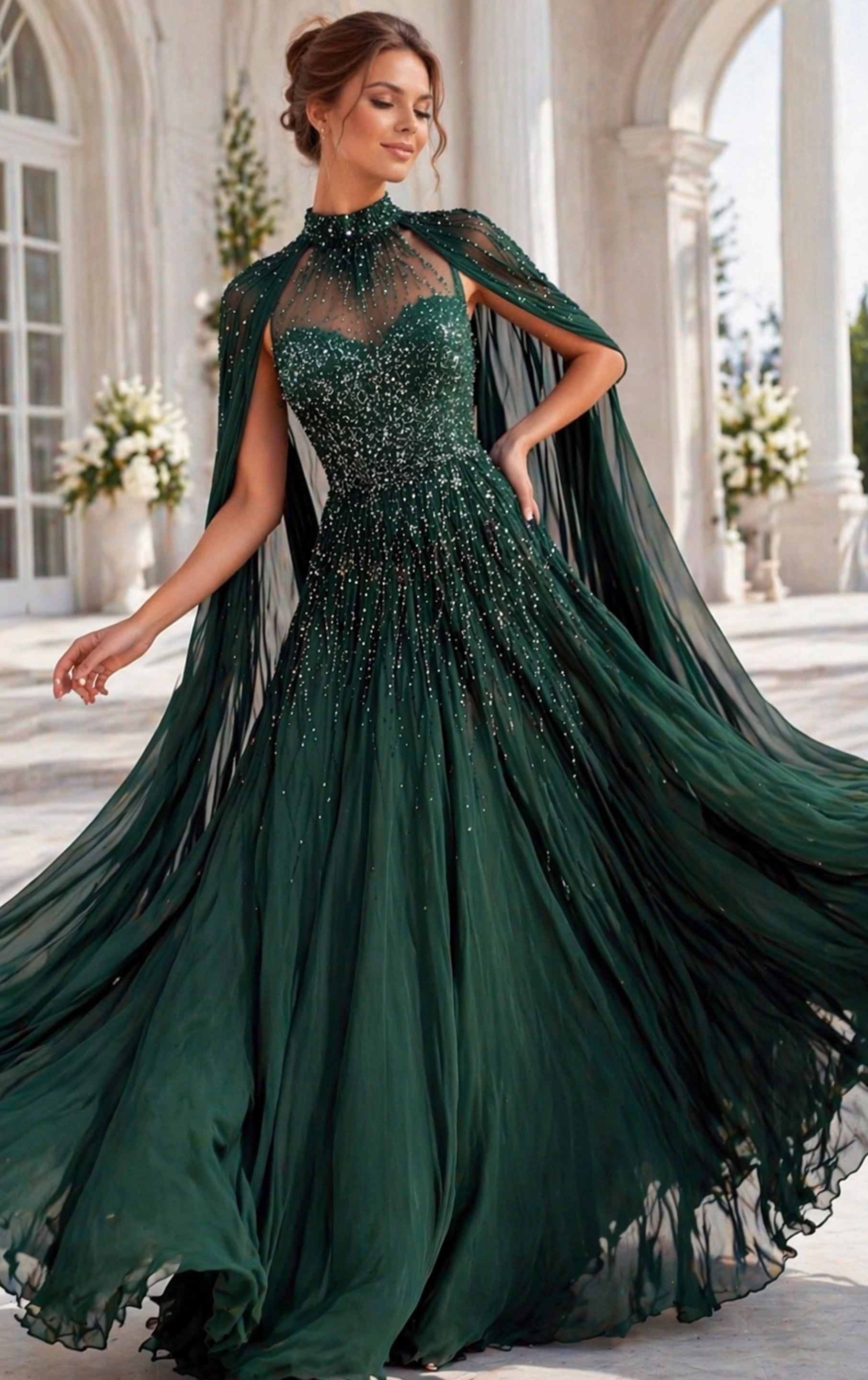 49743-90-2 emerald green beaded high neck chiffon gown with cape sleeves