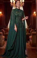 emerald green beaded high neck chiffon gown with cape sleeves