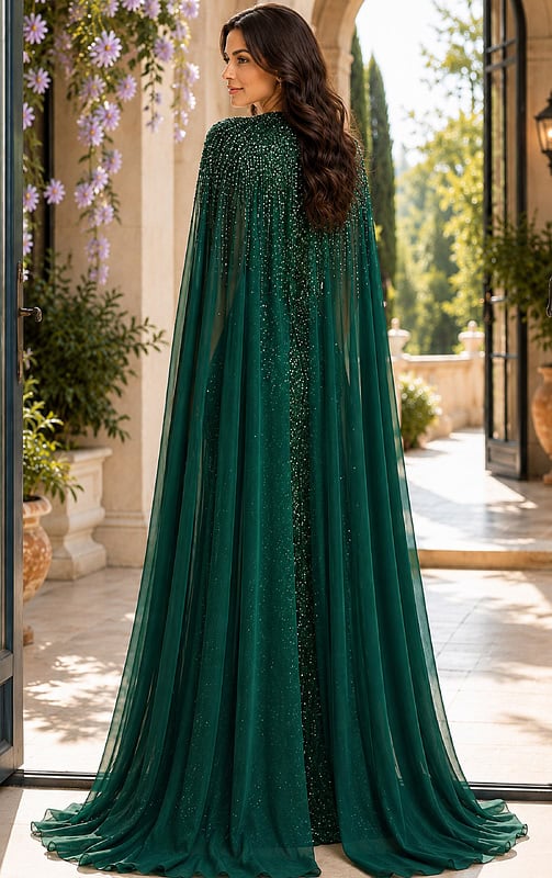 Beaded High Neck Cape A Line Chiffon Gown 49743 | Jovani