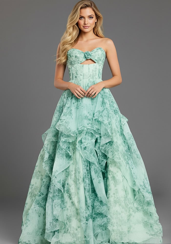 Tiered Floral Gown With Sweetheart Cutout 49777