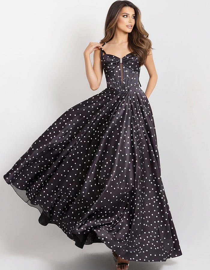 Polka Dot A-Line Gown with Lace Up Back 49774