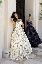 polka dot strapless prom dress with bow