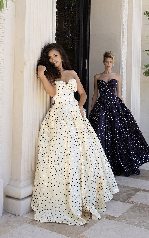 polka dot strapless prom dress with bow