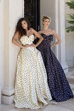 polka dot strapless prom dress with bow
