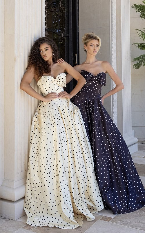 polka dot strapless prom dress with bow