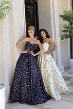 polka dot strapless prom dress with bow