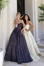 polka dot strapless prom dress with bow