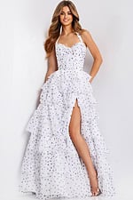 Sweetheart bow bodice prom gown with playful polka dots