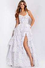 Halter polka dot prom dress with tiered ruffle skirt