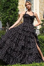 blackwhite halter polka dot tiered dress with bow bodice - front full body, skirt pulled open leg visible