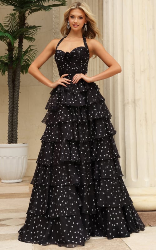 black and white polka dot organza ballgown with halter sweetheart neckline and tiered ruffle skirt 49776