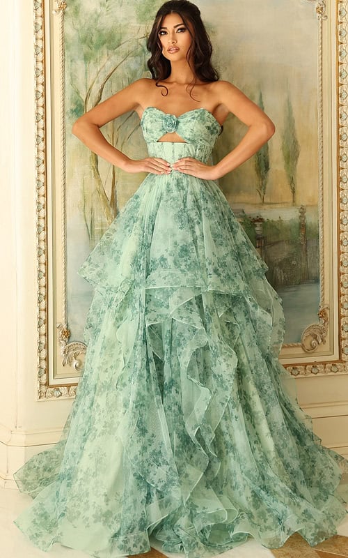 strapless print green dress with cut out on the bust 49777