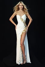 Strapless white prom dress with gold embellishments and thigh-high slit