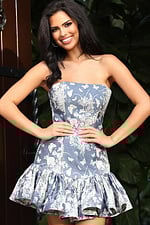 Strapless Botanical Print Ruffle Hem Mini Dress