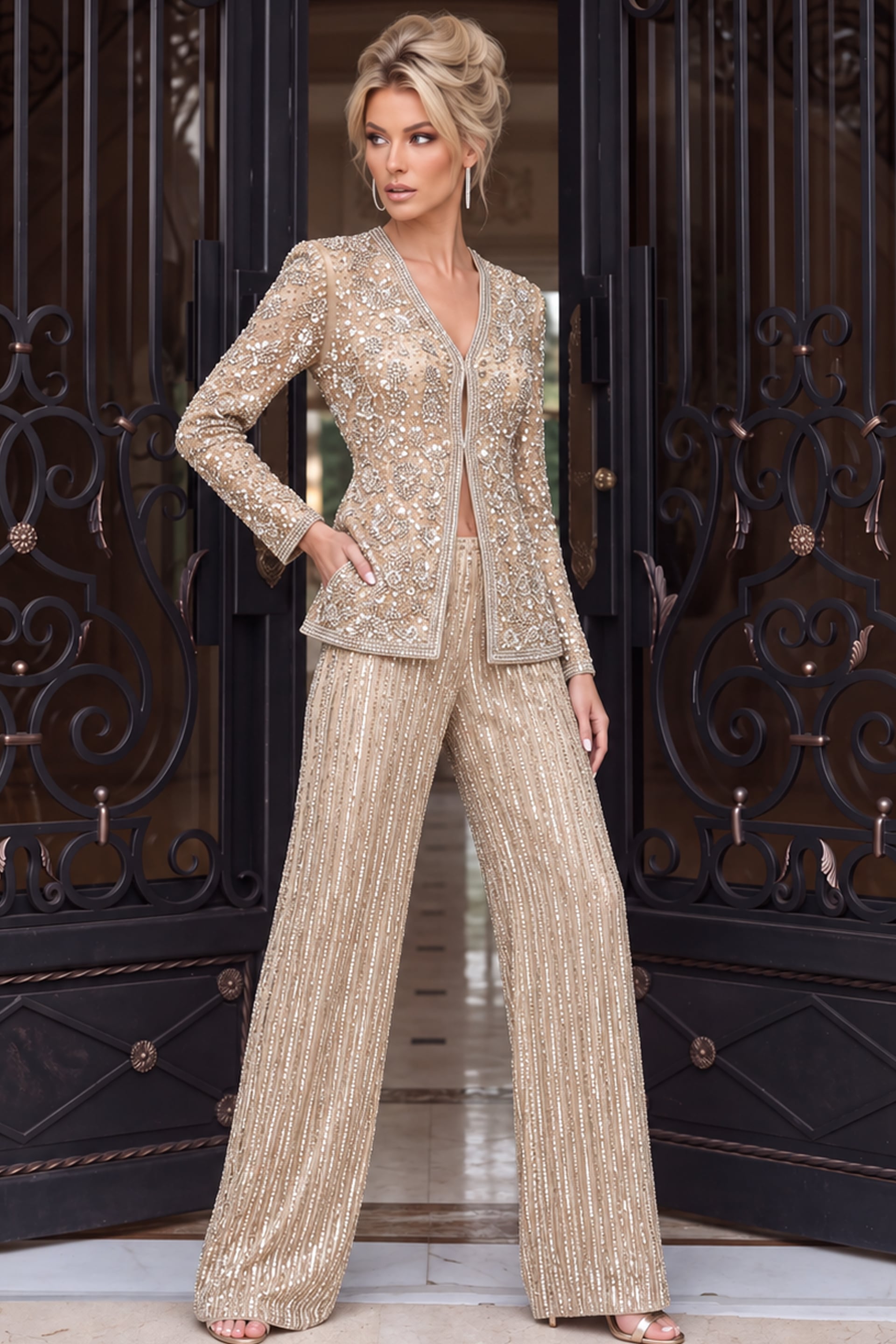 Beaded evening suit with wide-leg silhouette.