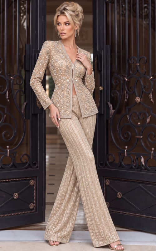 Champagne beaded pantsuit with wide-leg trousers.