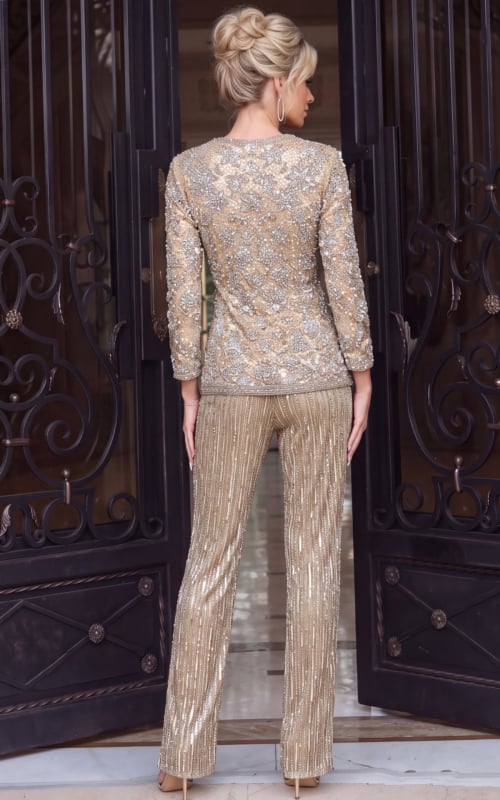 Embellished champagne blazer with matching pants.