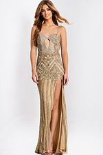 Sparkling gold evening gown with high slit