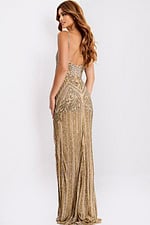 Gold beaded prom dress with keyhole cutout