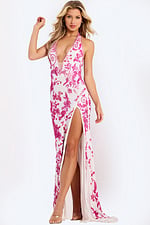 White halter prom dress with pink beaded floral pattern and high slit