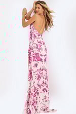 Elegant open back gown with deep V neckline and pink sequin detailing