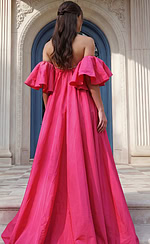 Open back strapless mini dress with voluminous ruffled sleeves and flowing overskirt