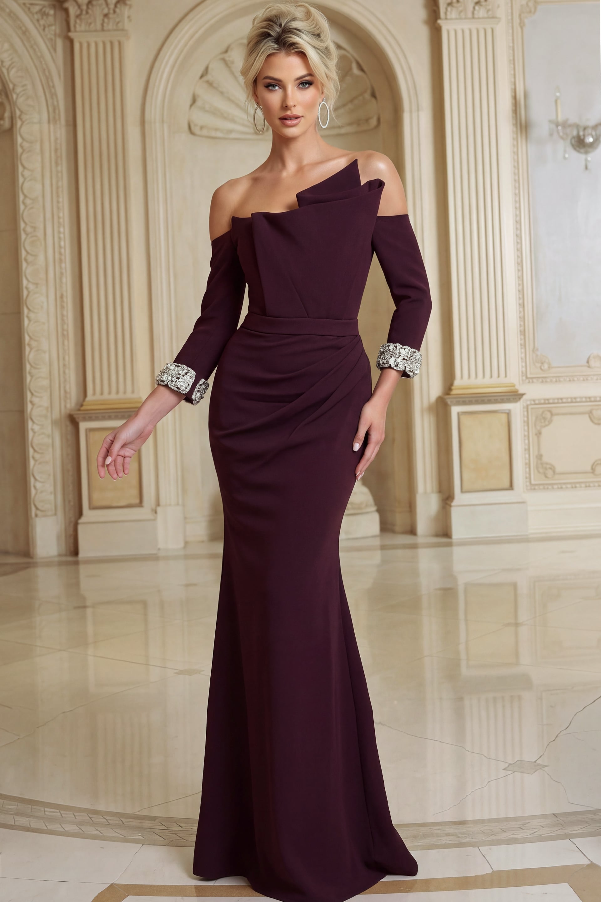 Jovani 49832 plum off-the-shoulder evening gown with crystal embellished cuffs