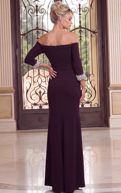 Back view of Jovani 49832 plum off-the-shoulder gown with sleek fitted silhouette