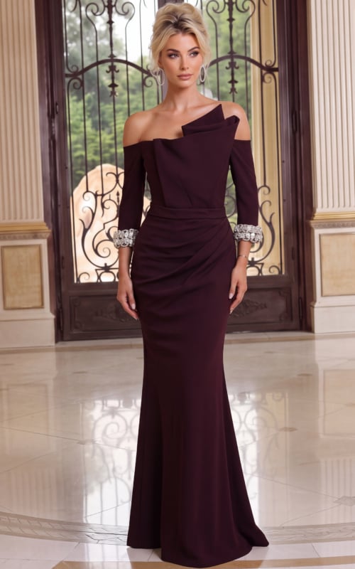 Plum fitted Jovani gown with sculptural asymmetric neckline and draped waist
